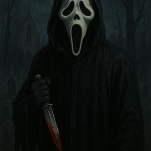 May include: A white ghost mask with a wide open mouth and a bloody knife in front of it. The mask is worn by a figure in a black hooded robe. The figure is standing in a dark, wooded area.