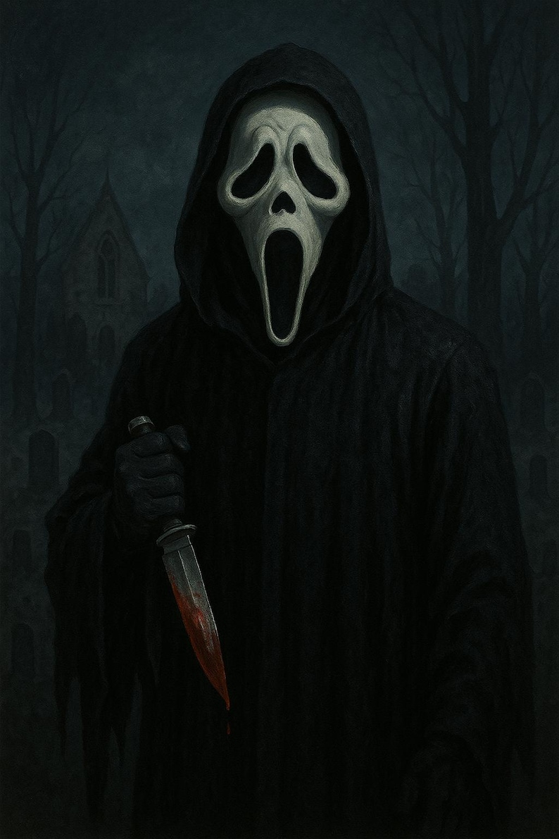 May include: A white ghost mask with a wide open mouth and a bloody knife in front of it. The mask is worn by a figure in a black hooded robe. The figure is standing in a dark, wooded area.