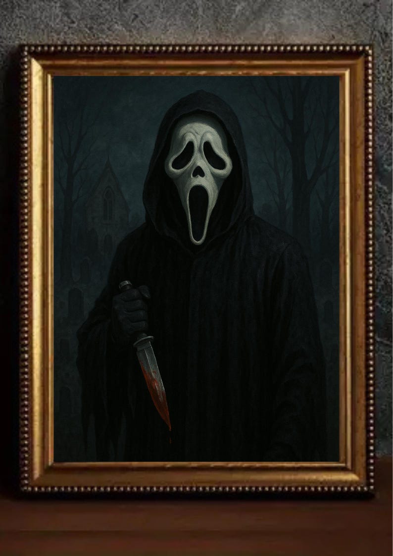 May include: A painting of a figure wearing a black hooded robe and a white ghost mask holding a bloody knife. The figure is standing in a dark, wooded area with a church in the background.