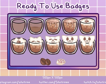 Coffee Cats, Cafe Themed Twitch Sub & Bits Badges || 10 Kitty Cat Coffees and Tier Two and Three Decorations