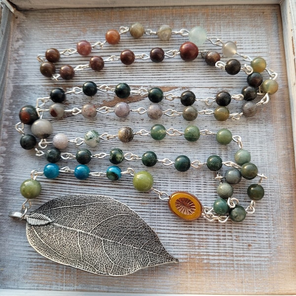 Bohemian Feather Rosary Necklace -Repurposed Gemstone and Glass Beads