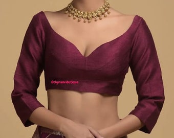 Blusa de sari con escote corazón, blusa de sari hecha a mano, blusa con espalda descubierta, blusa de manga 3/4, blusa de sari de diseñador, blusa de sari india.