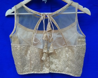 Designer Sari Blouse, Golden Sequence Sari Blouse, Bollywood Blouse, Saree Blouse, Golden Sequence with net Bollywood Blouse, Net blouse
