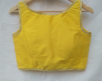 Indian Boatneck Saree Blouse, Beautiful Blouse, Yellow Sari Blouse, Women Blouse, Bollywood Saree Blouse, Crop Top, Readymade Saree Blouse