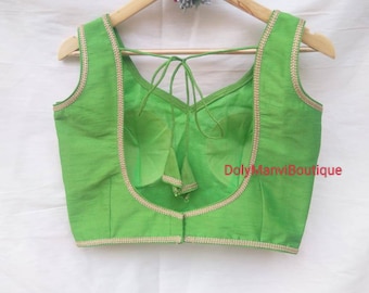 Handmade Women Saree Blouse, Indian Sari Blouse, Green Sari Blouse, Women Blouse, Green Crop Top, Fancy Crop Top, Sari Blouse For Women