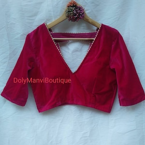Hot pink color side zip velvet blouse with elbow sleeves, Indian Sari Blouse, Sari Blouse, Women Blouse, Saree Blouse, Readymade Sari Blouse