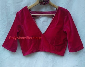 Hot pink color side zip velvet blouse with elbow sleeves, Indian Sari Blouse, Sari Blouse, Women Blouse, Saree Blouse, Readymade Sari Blouse