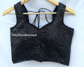 Designer Sari Blouse, Black Sequence Sari Blouse, Bollywood Blouse, Saree Blouse, Black Crop Top For Women, Black Sequence Bollywood Blouse