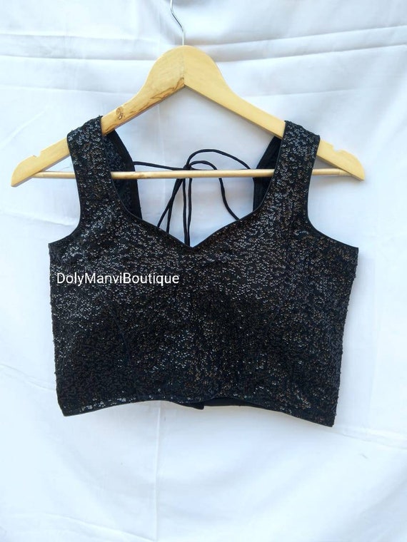 Designer Sari Blouse, Black Sequence Sari Blouse, Bollywood Blouse, Saree  Blouse, Black Crop Top For Women, Black Sequence Bollywood Blouse