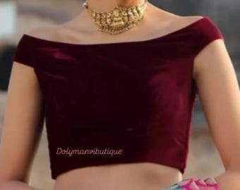 Maroon velvet saree blouse, Off shoulder saree blouse, Handmade blouse.