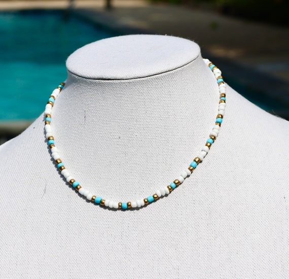 BOHO Seed Bead Choker, Dainty White and Blue Necklace - Main Image