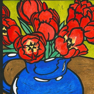 Red Tulips , Blue Jug, Linocut Card, Blank Card, Watercolour Card, Buda, Art Deco Vase