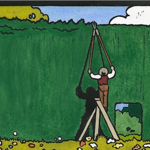 Ontmoedigende taak, linosnedekaart, blanco kaart, aquarelkaart, buda, vormsnoei, tuinieren, vintage tuin, tuinhumor, snoeien, klusjes