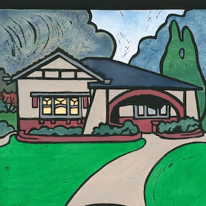 Hora do chá, cartão Linocut, boas-vindas ao lar, cartão aquarela, bangalô californiano, Art Déco, casa dos anos 1920, casa vintage, casa, inauguração de casa