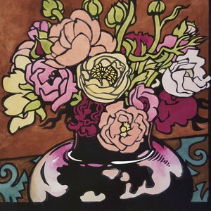 Alma Rd, bouquet, carte vierge, sérigraphie couleur à la main, carte de fleurs, imprimé fleur carré, ranunculi, bordeaux