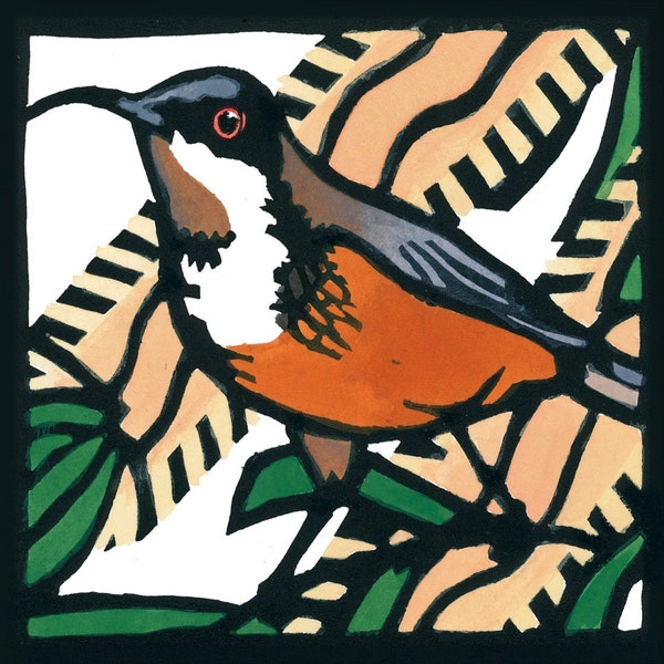 Eastern Spinebill, blank card, Linocut Card, Watercolour Card, Australian Native Card, Australian Linocut, australian bird, Honeyeater,