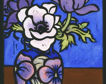 Trish, Anemones in a Moorcroft vase, Linocut Card, art nouveau, Watercolour Card, vintage vase, 1920's vase, De Caen Anemones