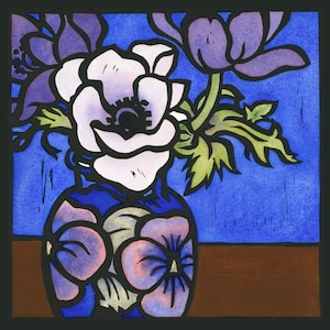 Trish, Anêmonas em um vaso Moorcroft, Cartão Linogravura, art nouveau, Cartão Aquarela, vaso vintage, vaso dos anos 1920, Anêmonas De Caen