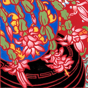 Die Fledermäuse des Kaisers, Linoldruck, Aquarell Karte, Winterkaktus, chinesischer Lack, Blumen, roter Lack, chinesisches Porzellan, Einweihungsparty