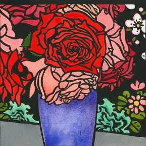 Chinese Screen, Linocut Card, Romance, Watercolour Card, roses, bunch of flowers, spring bunch, friendship, Perfume