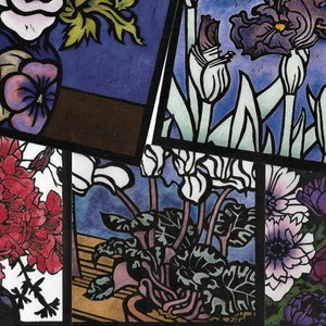 Mixed Pack of 5 Cards, Purple Mix, Linocut and Silkscreen Cards, Floral