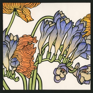 Frühling, Blumenkarte, Blankokarte, handkolorierter Siebdruck, Blumen, Mohnblumen, Wiliam Morris, Freesien, Aquarell, Jugendstil