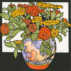 Calendulas, blank card, handcoloured silkscreen, flower card, clarice cliff vase, square flower print, bunch of flowers, marigolds, posy