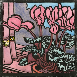 Cyclamen rose, Carte Linogravure, Carte Blanche, Carte Aquarelle, Fleurs D'hiver, Fleurs D'intérieur, Plantes En Pot, Art Nouveau, Plante D'intérieur, Guérison