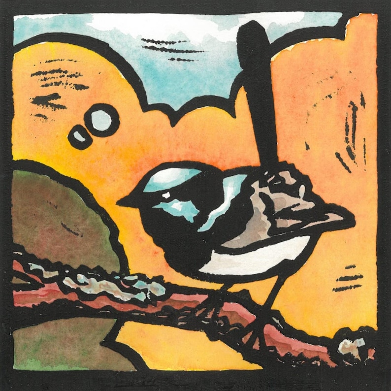 Original Hand-coloured Linocut Print, Male Blue Wren, Australian Native ...