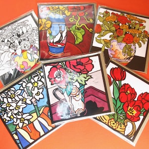 Pacote misto de 6 cartões Art Déco, vasos Art Déco, flores ousadas, cartão de buquê, cartões de primavera, cartões Art Déco, Clarice Cliff.