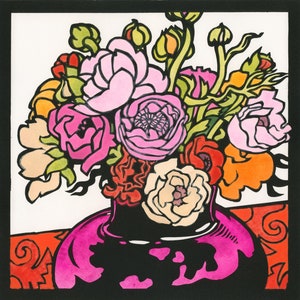 Dorothy, buquê, cartão em branco, serigrafia colorida à mão, cartão de flor quadrada, rosa rico, intenso, LGBT, inauguração de casa, aniversário gay