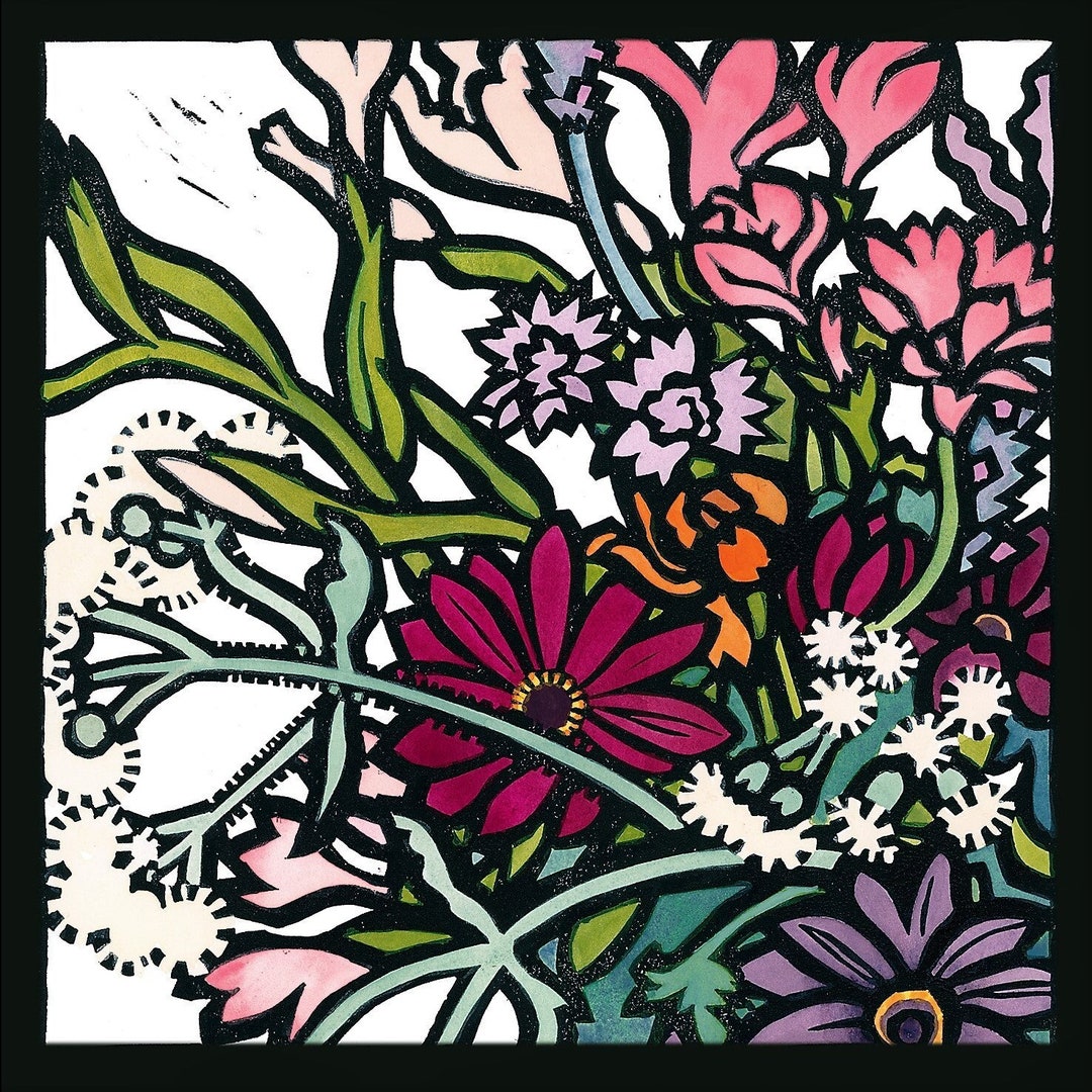 Spring Flowers Card: Hand-colored Linocut Flower Art - Etsy