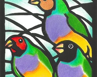 Original Hand-Coloured Linocut Print, Male Blue Wren, Australian Native Bird Art