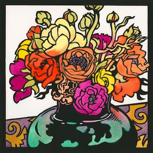 Monteverdi, bouquet, blank card, handcoloured silkscreen, flower card, square flower print