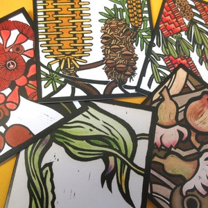 Pacote misto de 5 cartões, nativos australianos, cartões de linogravura australianos, florais, flores silvestres australianas, lembrança australiana, cartão de aniversário