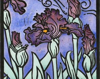 Satine, Iris, Linocut Card, Blank Card, Watercolour Card,