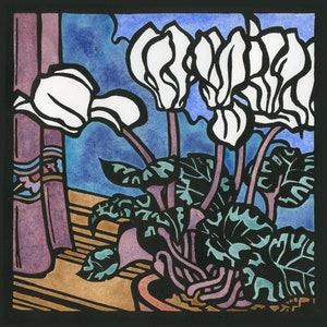 Weisse Schwäne, Blankokarte, Alpenveilchen, handkolorierter Linolschnitt, Blumenkarte, Jugendstil, gute Besserung