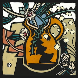 Sienna Jug, Linocut Card, Aussie Bouquet,  Australian Native, Australian Flowers, Australian Flora, Bush Posy, Australiana, Hakea, Wattle