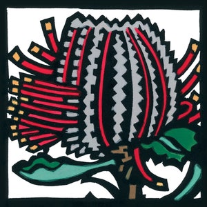 Albany Banksia, cartão, linóleo, aquarela, linóleo colorido à mão, nativo australiano, arbusto australiano, Australiana, Art Déco, teatro