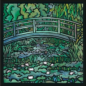Giverny, carte linogravure, art australien, impressionniste, nénuphars, jardin d'eau, jardin japonais, paysage, jardin à la française, pont japonais