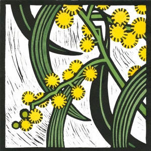 Golden Wattle, Cartão Linogravura, Cartão Aquarela, Cartão Nativo Australiano, Linogravura Australiana, Flor Nacional, Flora Australiana, Wattle,