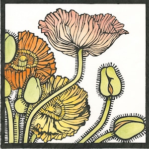Mohnblumen, Mohnblumen, Blumenstrauß, Poppies, Linoldruck, Linoldruck, Kunstkarten, Kunstkarten,