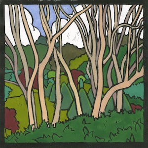 Magnólias em Cloudehill, cartão de linóleo, arte australiana, Dandenongs, Art Déco, verão, jardim de verão, jardim de montanha, paisagem, magnólias,