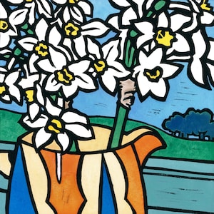 Jonquils, Linocut Card, Watercolour Card, Art Deco, perfume, Clarice Cliff, linocut, spring bulbs, winter flowers, cottage posy, perfume