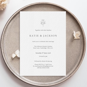 Flower Design Wedding Invitations for Day + Evening, Personalised, Premium Card with Kraft Envelope, Affordable, Quality, 5x7", A6