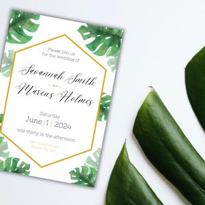 Gedruckte Hochzeitseinladungsreihe 1PC, Hochzeitseinladung vorne und hinten Einzelkarte, Tropische Hochzeit, Palmenwedel, Hochzeit einladen, Einladungsreihe
