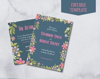 Navy watercolor floral Wedding Invitation Suite Template, Wedding Invitation Instant Download, Invitation Corjl, Corjl Wedding Invite Suite