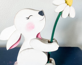 Wooden Bunny Flower Holder, Wooden Bunny Decor, Easter Decor, Spring Decor, Hand Painted Decor, Cute Spring Decor, Mother’s Day Gift