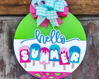 Hello Summer Door Hanger, Popsicle Door Hanger, Summer Door Decor, Hand Painted Door Hanger, Summer Door Sign, Hello Summer Popsicle Sign