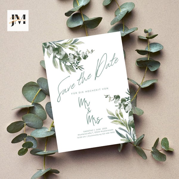 Digital Wedding Invitation Eucalyptus Minimalism | save the date | Canva German template